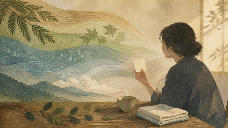 木や雨、お茶など旅先の香りを記憶として振り返る旅行者の挿絵