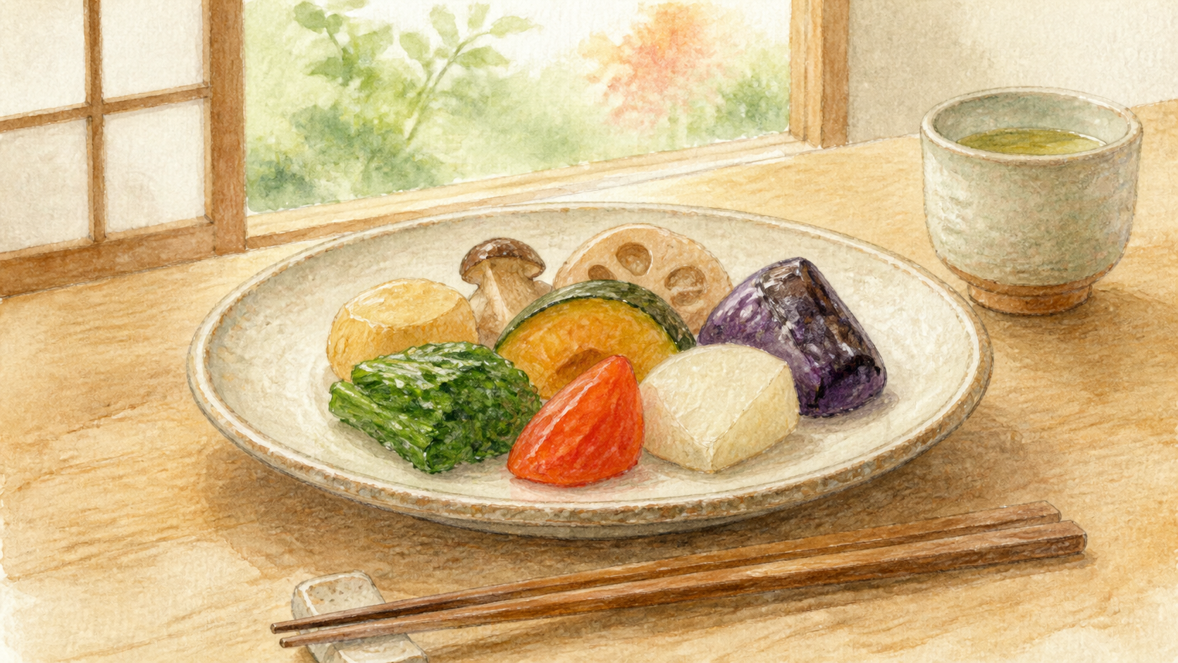 温泉旅行の食卓で野菜の色と形を楽しむ生成ビジュアル