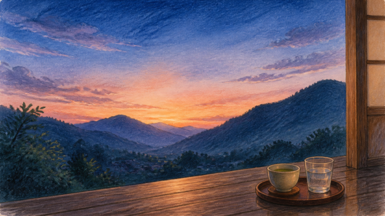 夏の夕涼みに山里の夕暮れとお茶を眺める生成ビジュアル
