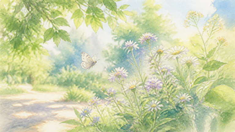夏の庭で花の周りを飛ぶ小さな蝶を描いた生成ビジュアル