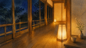 行灯の灯りが照らす静かな温泉宿の夜を描いた生成ビジュアル