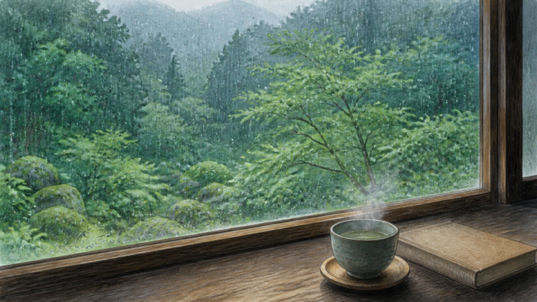雨の日に窓辺から濡れた緑と雨音を楽しむ生成ビジュアル