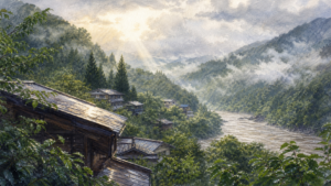 大雨後に雲がほどけ光が差す山里と川を描いた朝の挿絵