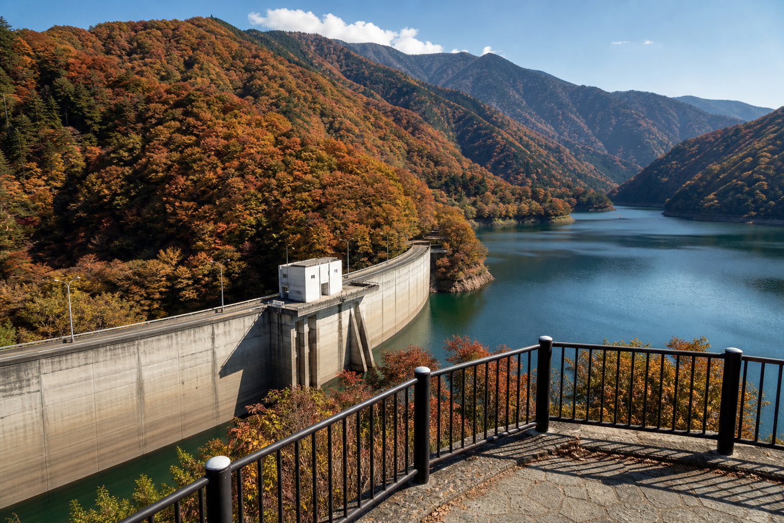 紅葉の山と湖を望む相俣ダム周辺の雰囲気を表したイメージ