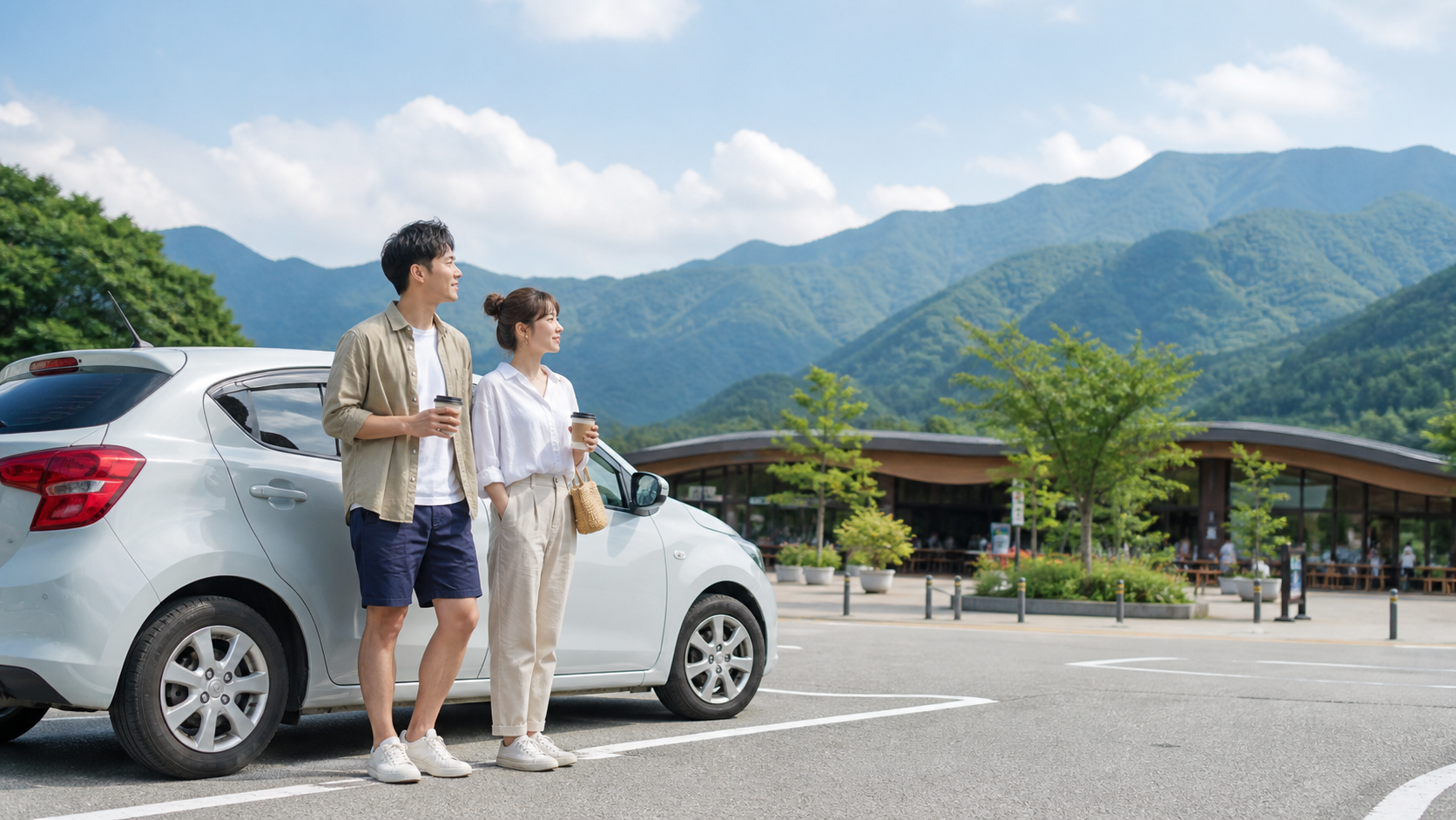 山あいのサービスエリアで車を降りて休憩するカジュアルな服装のカップルの利用イメージ