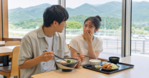 関越道のサービスエリアで昼食を楽しむカジュアルな服装のカップルの利用イメージ