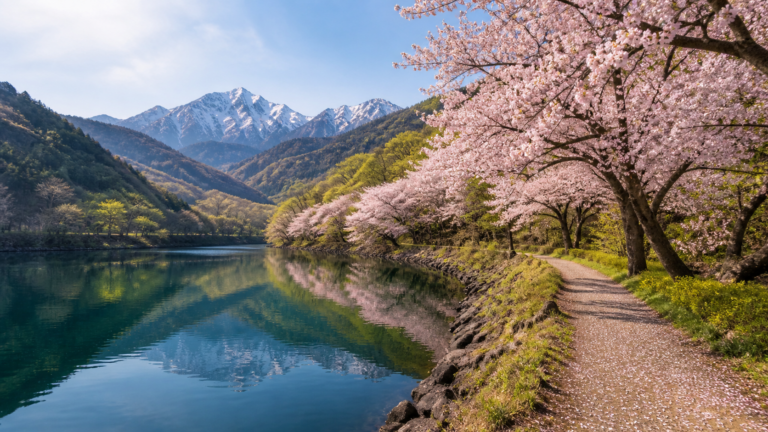 赤谷湖畔の遊歩道と満開の桜を想起させる春の生成イメージ