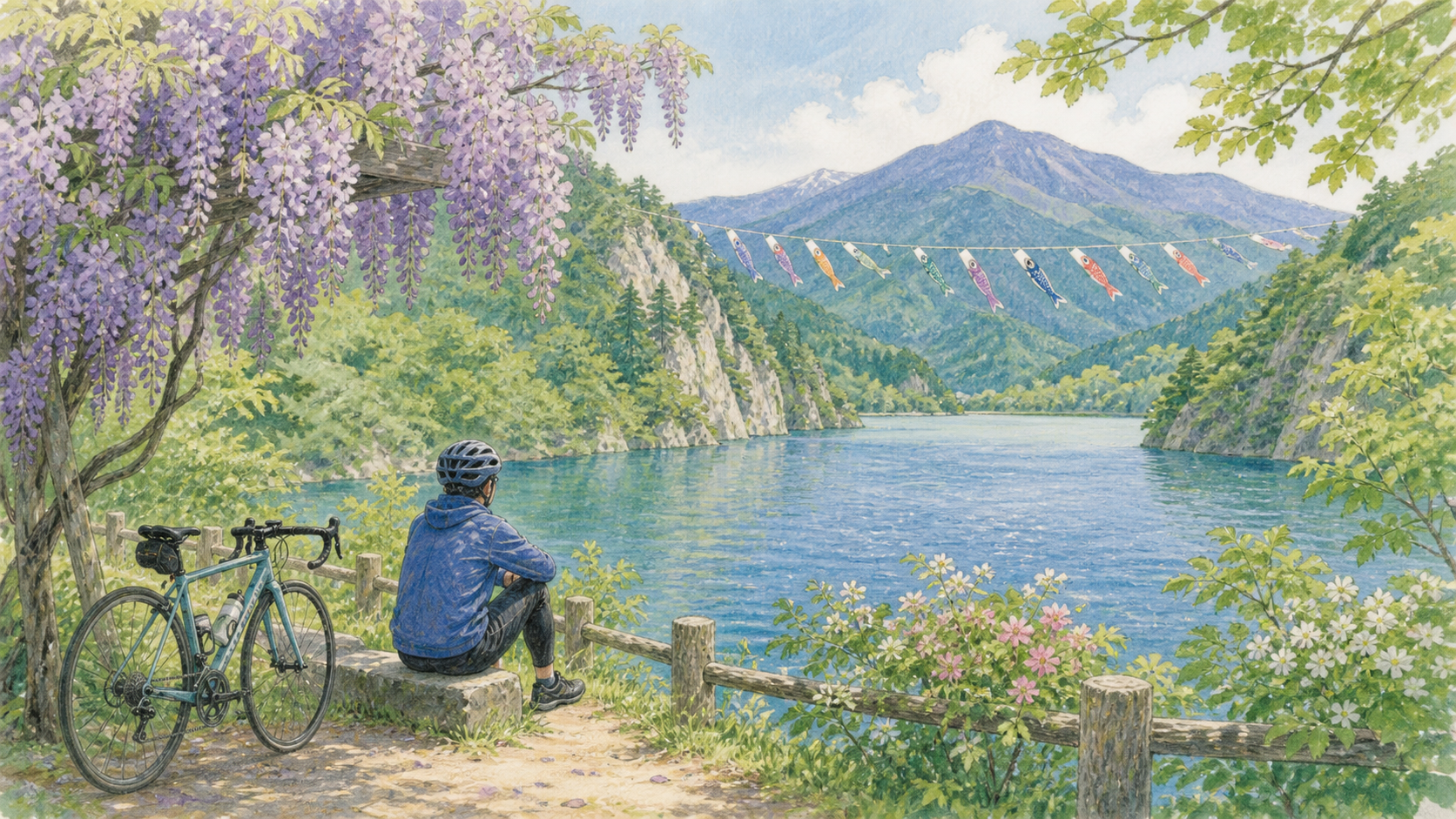 新緑と藤に彩られた赤谷湖畔で自転車を止める旅人を描いた生成ビジュアル