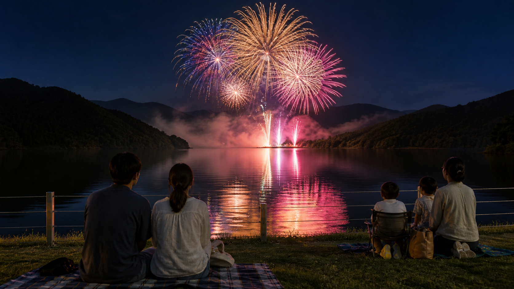 山あいの湖で花火を眺めるカップルと家族の利用イメージ