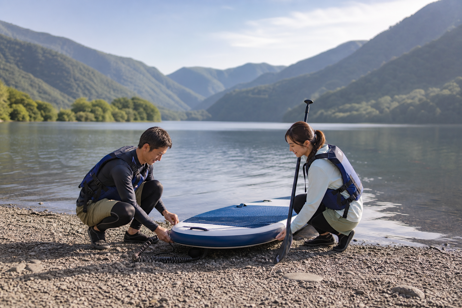 山あいの湖畔でライフジャケットを着けSUPを準備する旅行者の利用イメージ