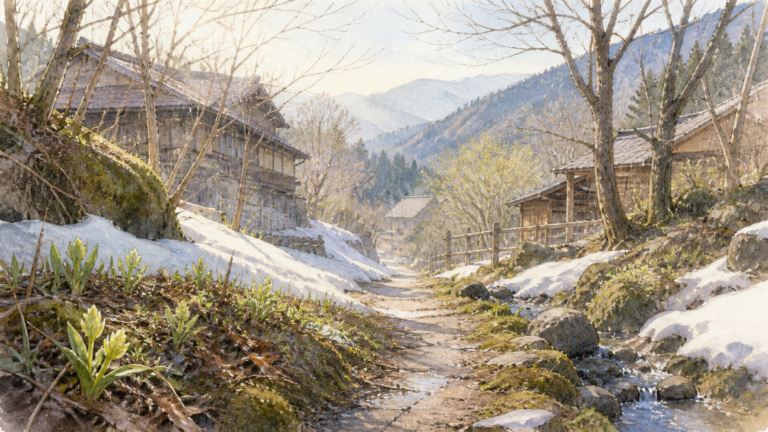 残雪の山里に若い芽がのぞく雪解け間近の春の挿絵