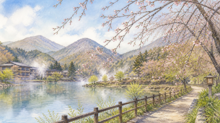 桜の蕾が揺れる湖畔の道と春の山並みを描いた猿ヶ京温泉の挿絵