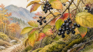 黄赤に色づく葉の間に房状の黒い実がなる山里の観察挿絵