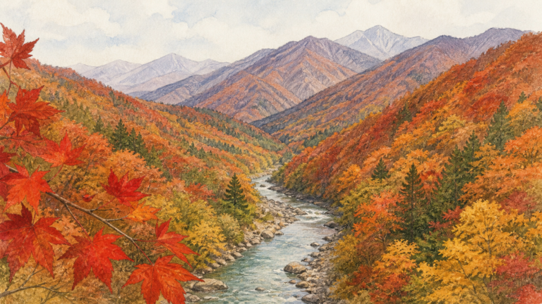 川沿いの山々が赤や金色に染まるみなかみの秋を描いた挿絵