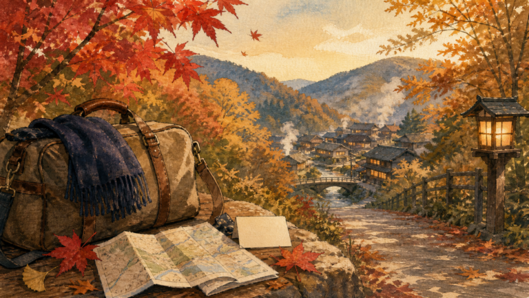 秋の紅葉と一泊鞄を前に思いがけない温泉週末旅を思い描く生成ビジュアル