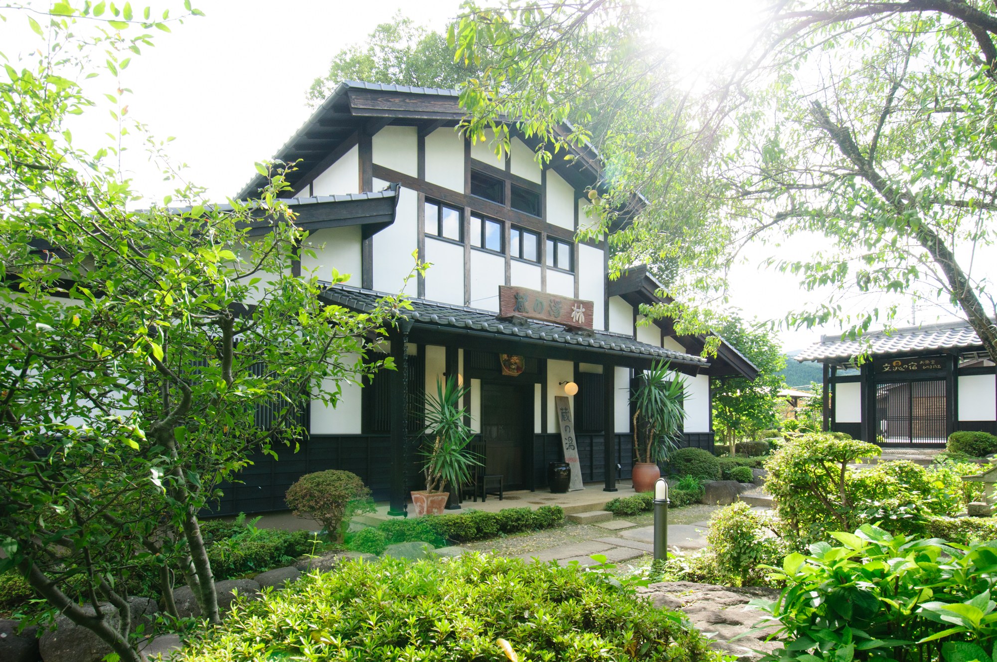 夏の葉に囲まれた旅籠屋丸一の蔵の湯周辺