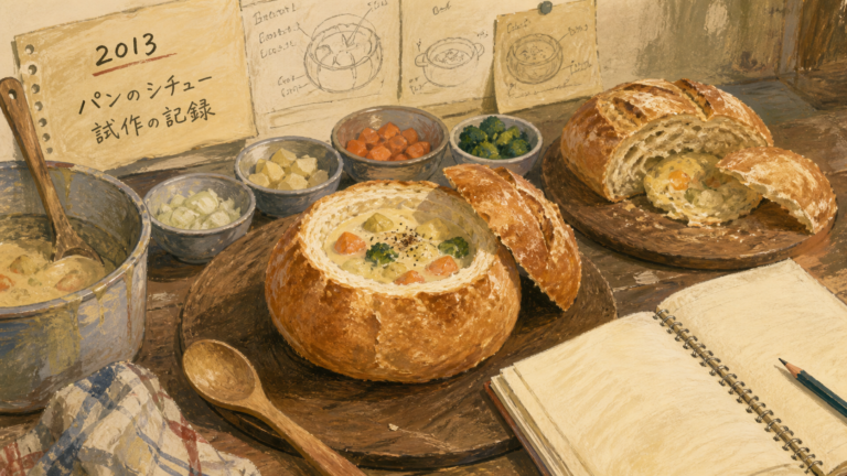 丸いパンにシチューを入れて試作する宿の厨房を描いた生成ビジュアル