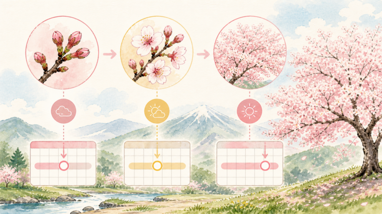 桜のつぼみから開花、満開までの段階と開花予想の見方を表した生成ビジュアル