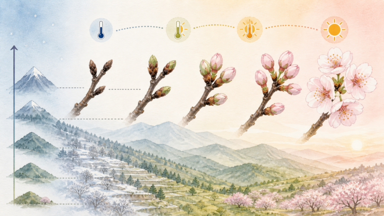 冬の休眠から春の気温上昇で桜のつぼみが開く流れと標高差を描いた生成ビジュアル