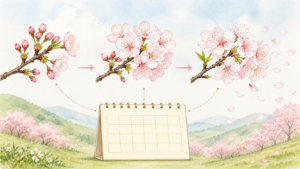 桜の開花、満開、散り始めの三段階を枝と花びらで比較した生成ビジュアル
