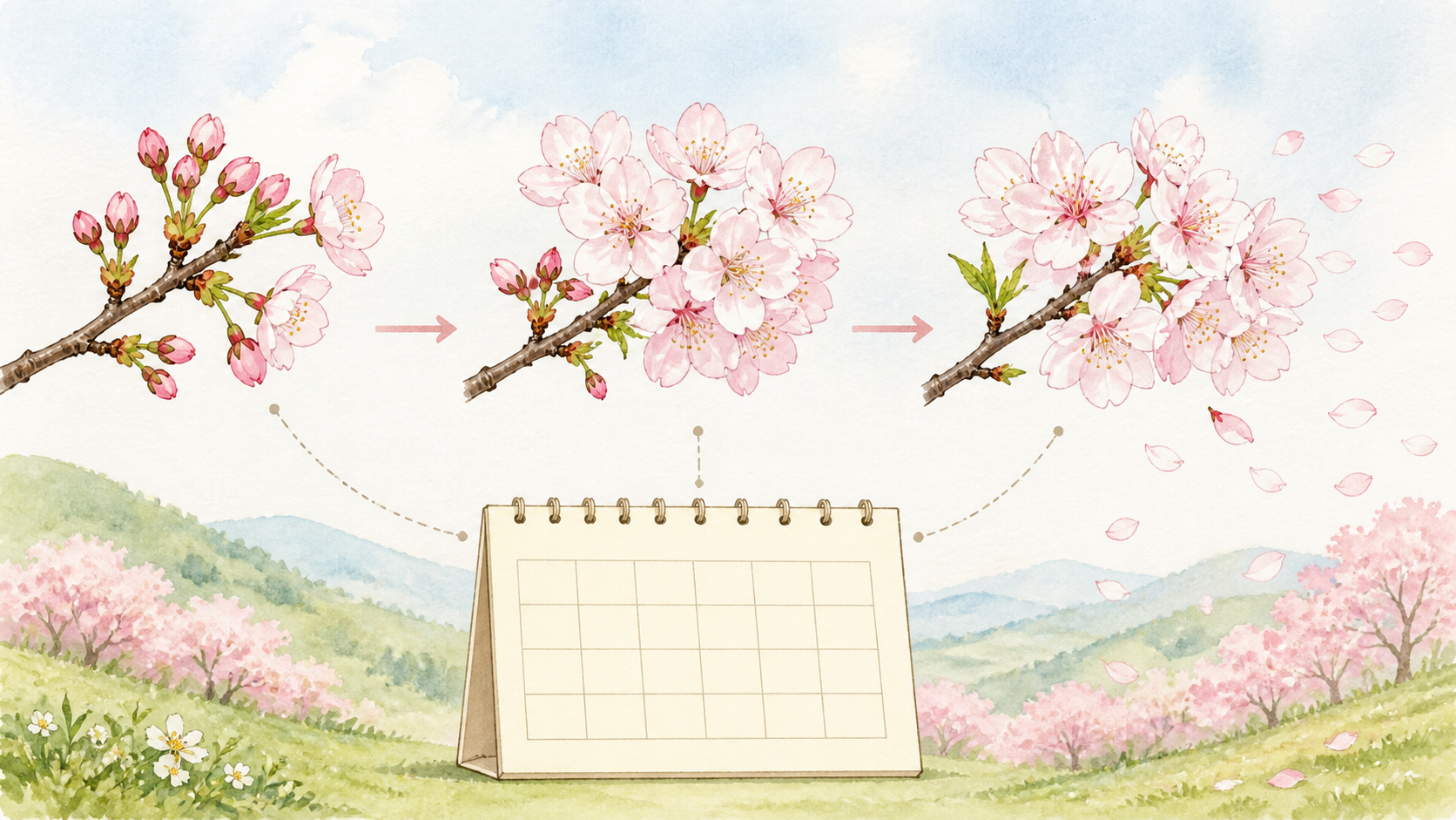 桜の開花、満開、散り始めの三段階を枝と花びらで比較した生成ビジュアル