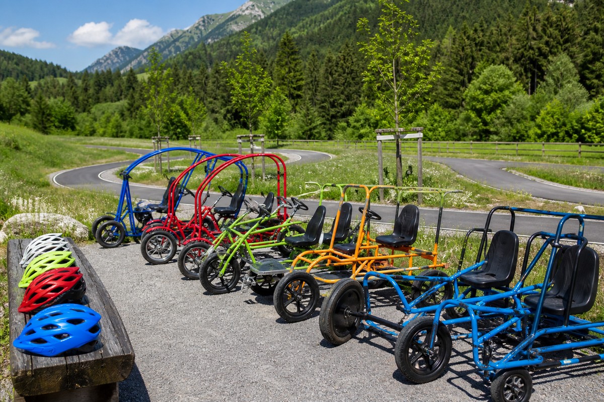 山の自転車コース脇に並ぶ色とりどりの変わり種自転車の利用イメージ