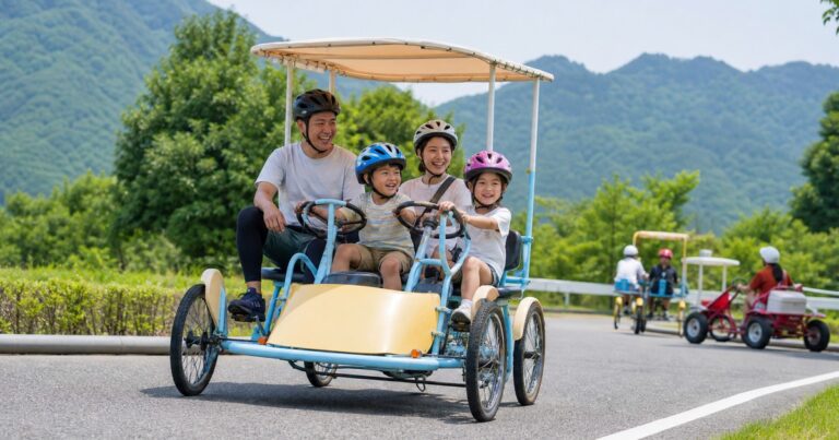 洋服姿の家族が山あいのコースで四人乗り自転車を楽しむ利用イメージ