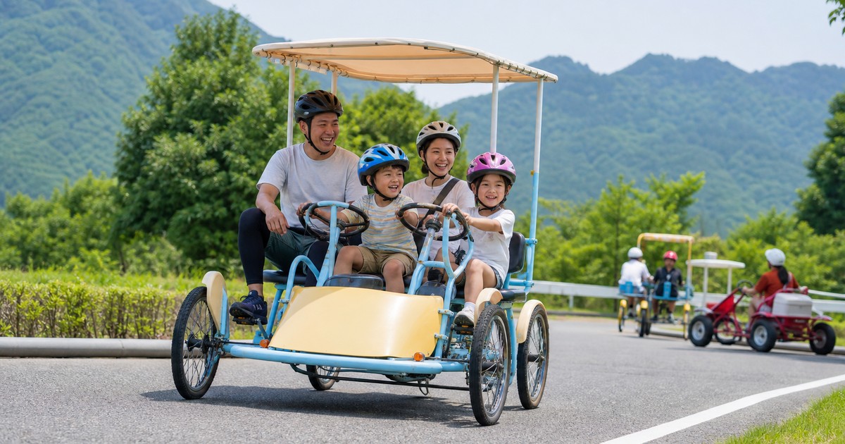 洋服姿の家族が山あいのコースで四人乗り自転車を楽しむ利用イメージ