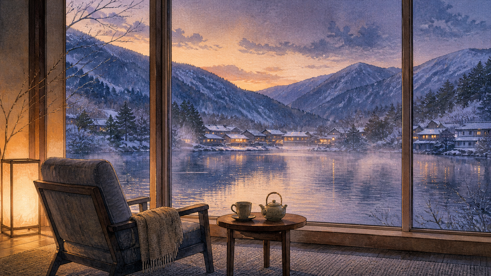雪山と静かな湖を望む温かな宿のラウンジを描いた冬旅の挿絵