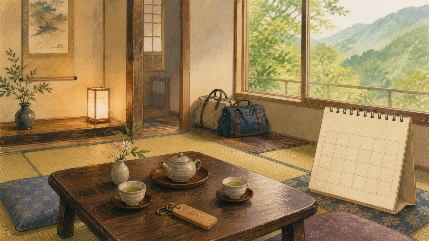 新緑を望む静かな宿の部屋と平日の旅支度を描いた生成ビジュアル