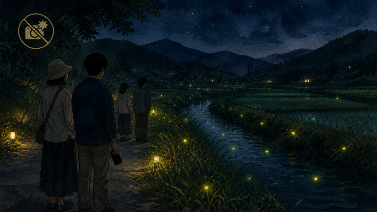 暗い画面のまま静かに距離を保ってホタルを観賞するマナーを描いた生成ビジュアル