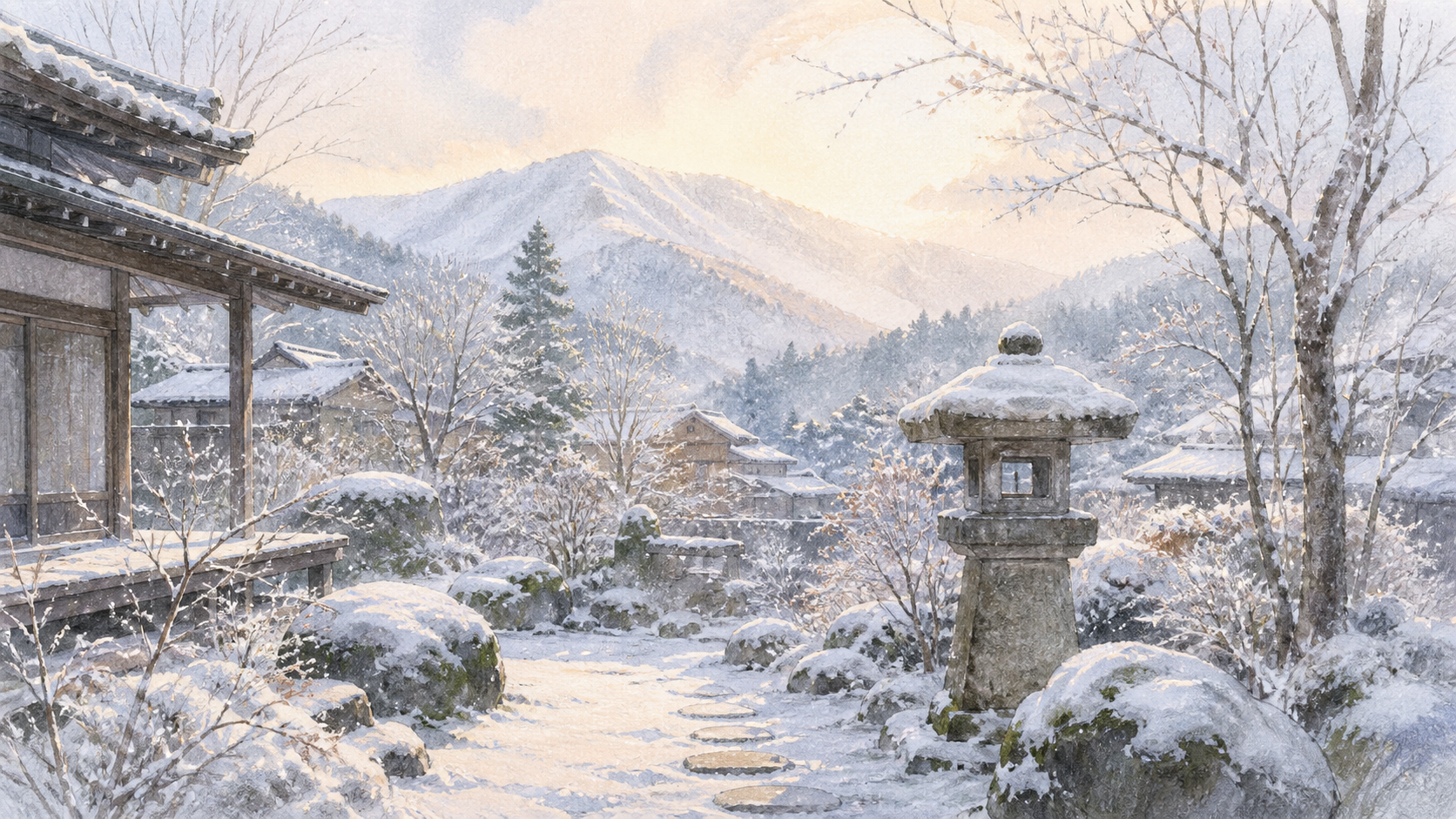 初雪で白く変わった山里の庭と石灯籠を描いた冬の挿絵