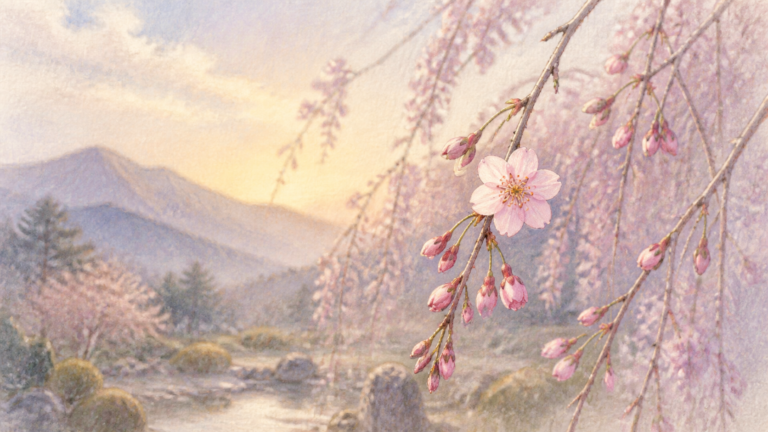 つぼみの中に一輪だけ開いたしだれ桜を描いた春の挿絵