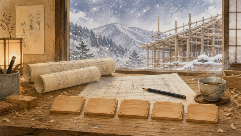 雪前の客室工事と五つの客室名を考える時間を木札と図面で描いた生成ビジュアル