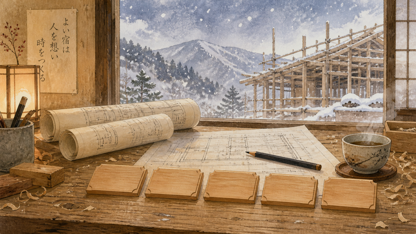雪前の客室工事と五つの客室名を考える時間を木札と図面で描いた生成ビジュアル