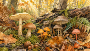 紅葉と苔の森で足元に生える多様なキノコを観察する挿絵
