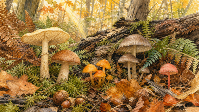 紅葉と苔の森で足元に生える多様なキノコを観察する挿絵
