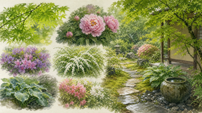 新緑の庭で芍薬やつつじ、こでまり、ギボウシが季節をつなぐ2015年5月の生成ビジュアル