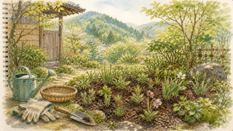 つぼみの花壇と手入れ道具を置いた春の宿の庭を描く生成ビジュアル
