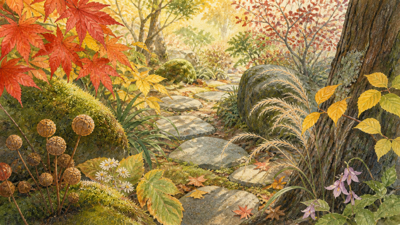 紅葉や実、草花の色と形を探して歩く秋の庭道を描いた挿絵