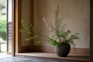 木造の玄関に季節の枝と淡い花を生けた、玄関の生花を表現する生成イメージ