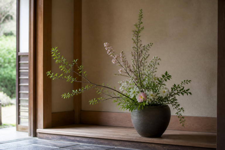 木造の玄関に季節の枝と淡い花を生けた、玄関の生花を表現する生成イメージ