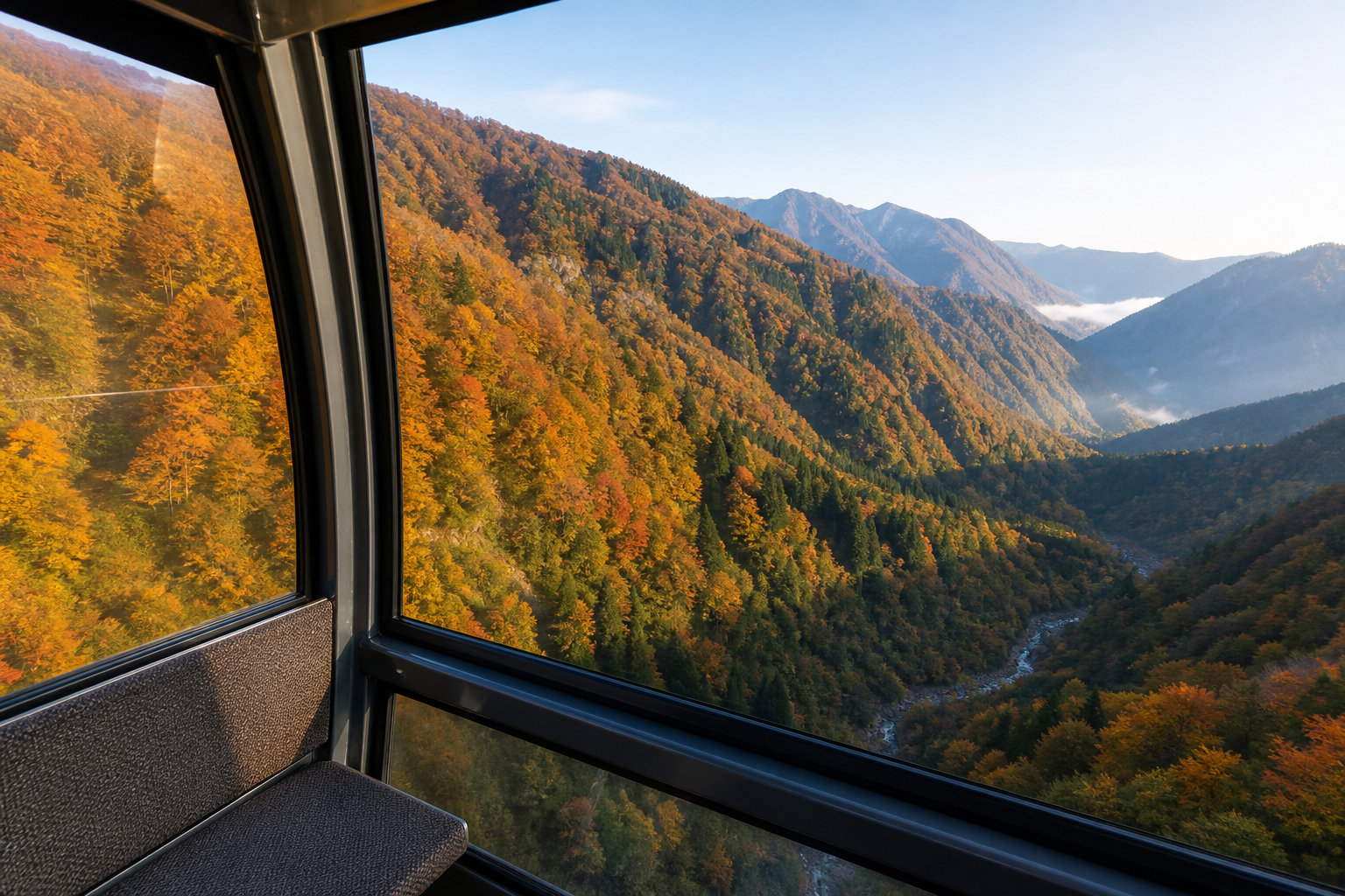 紅葉の山をゴンドラから眺める空中散歩のイメージ