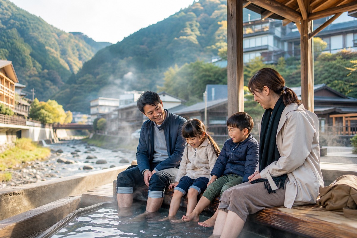 山あいの温泉地で足湯を楽しむ家族
