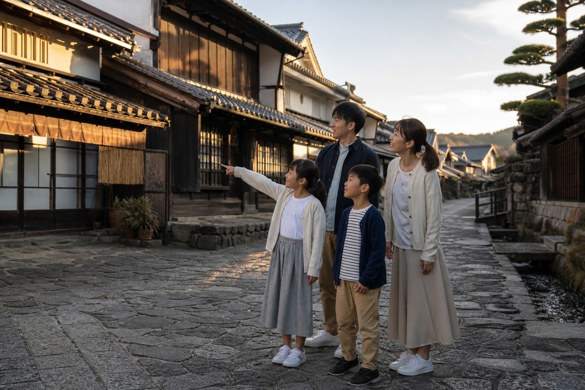 歴史的な街並みを歩く家族