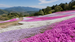 群馬の丘陵に白や桃色、紫の帯を描く芝桜を表現した生成イメージ