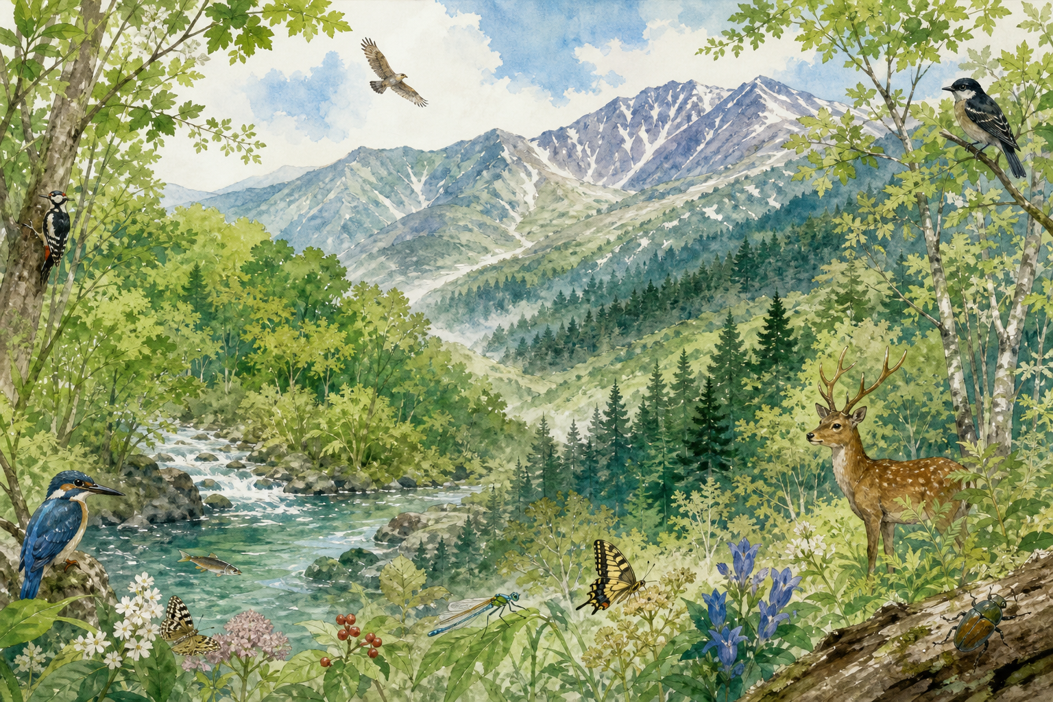 川から高山まで群馬の多様な自然を描いた生成イラスト