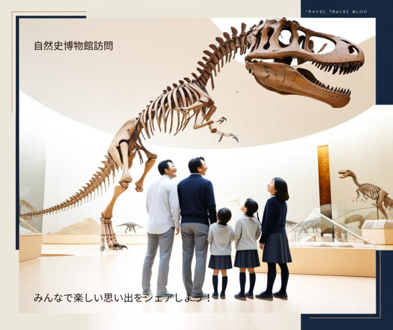 恐竜の骨格展示を楽しむ家族を描いた群馬県立自然史博物館への旅のイメージ