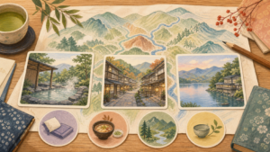 静けさや自然など旅の好みから群馬の温泉を選ぶ様子を描いた生成ビジュアル