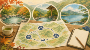 山あいの温泉地をゆとりある旅程で巡る計画を描いた生成ビジュアル